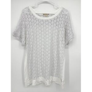 RuffHewn Womens XL White Crochet Lace Mixed Media Short Sleeve Top Scoop Neck